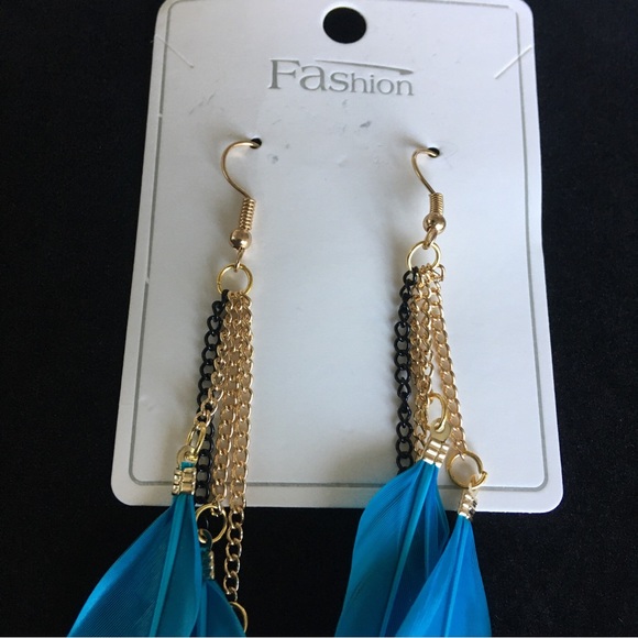 Blue Feather Long Drop Dangle Fashion Jewelry Earrings - Picture 3 of 7